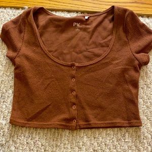 Brown waffle, button down crop top from PacSun.